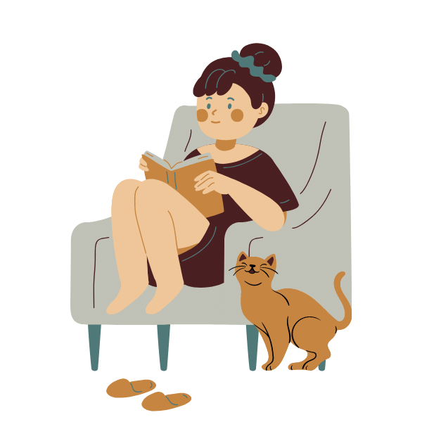 Dagney McKinney Graphic with illustrated white brunette person with hair in bun sitting in gray armchair reading a book with slippers off on floor and orange cat rubbing against chair