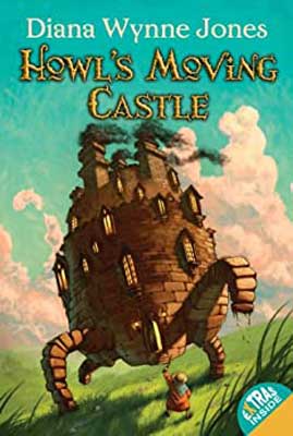 Howl’s Moving Castle by Diana Wynne Jones book cover with image of round brown castle with legs running along green grass