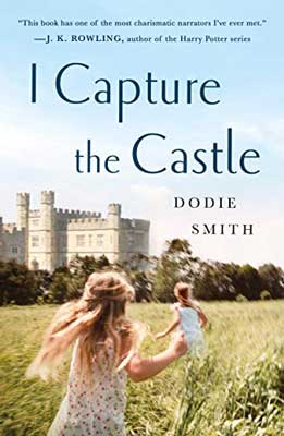I Capture The Castle by Dodie Smith book cover with two young children running on lawn with stone castle in the background