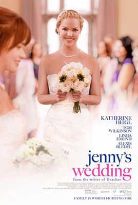 Jennys Wedding Movie Poster with white person with blonde hair in wedding dress holding bouquet of flowers