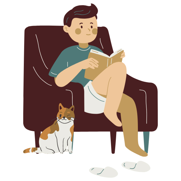 Jeremy Paterson Graphic with white short-haired brunette person sitting in brown armchair reading a book with a cat next to them