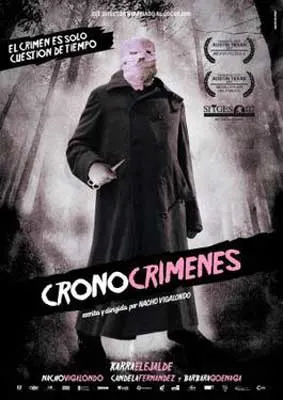 Los Cronocrimenes Film Poster with image of person in dark cloak with covered face holding a knife