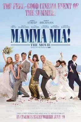 Mamma Mia Movie Poster with wedding party, bridge and groom, and family members with hands up in the air and dancing