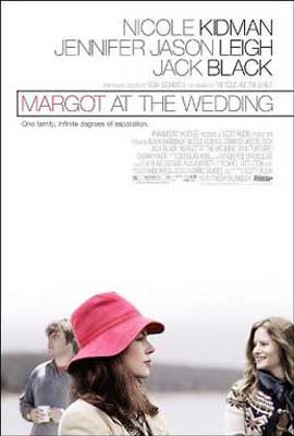 Margot at the Wedding Movie Poster with person wearing a bright pink hat and two other people in background