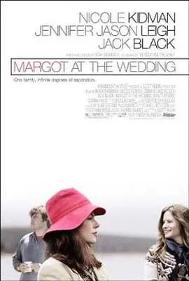 Margot at the Wedding Movie Poster with person wearing a bright pink hat and two other people in background