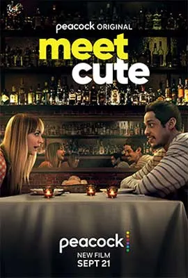 Meet Cute Film Poster with image of white blonde person leaning over a table and talking to white brunette male