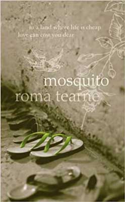 Mosquito by Roma Tearne book coveer with black and white image of sandals but one sandal strap is green