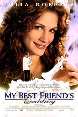 My Best Friends Wedding Movie Poster with white brunette person's face and smaller person standing underneath