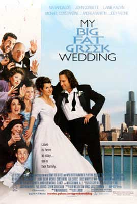 My Big Fat Greek Wedding Movie Poster with bride and groom and large group of people looking at them and cityscape behind them