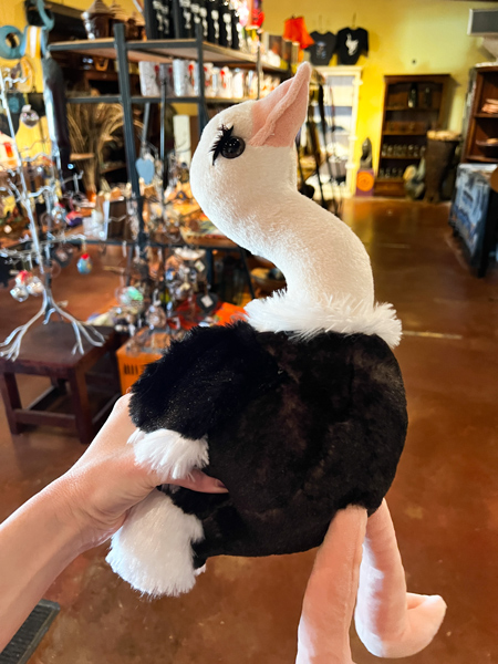 Ostrich Plush at Aruba Ostrich Farm with white hand holding it up in store