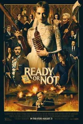 Ready or Not Movie Poster with person in white bridal gown with bullets and people in suits all around