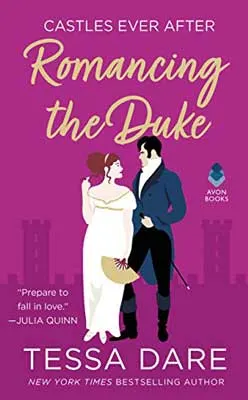 Romancing The Duke by Tessa Dare book cover with illustrated red haired person in white dress and black haired person in blue tux like jacket