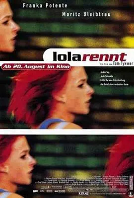 Run Lola Run Movie Poster with image of person with red hair in three shots running from neck up