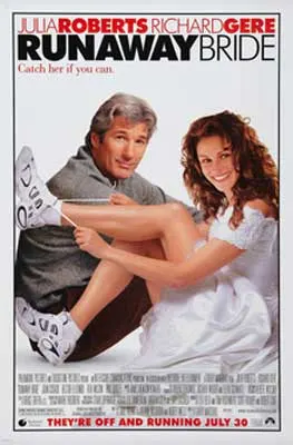 Runaway Bride Movie Poster with white person putting on shoes in white wedding dress and other person in gray shirt sitting