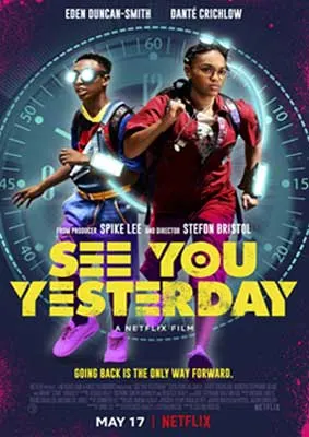 See You Yesterday Movie Poster with Black person in red outfit running and Black person with glasses with speedometer behind them