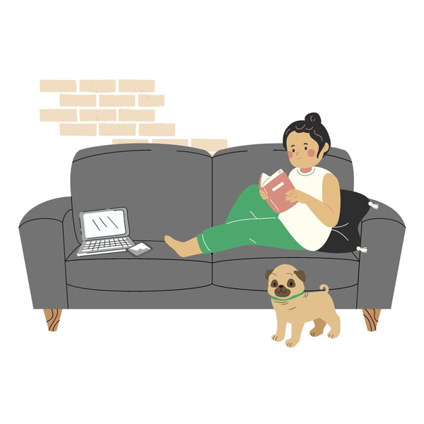 Sheree Strange Graphic with illustrated person laying on couch in green pants and white shirt reading a book with small brown dog on the ground
