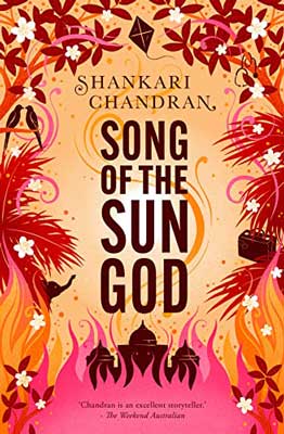 Song of the Sun God by Shankari Chandran book cover with illustrated red, orange and pink leaves with white flowers and maroon birds