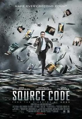 Source Code Movie Poster with person running from tornado of objects in the air