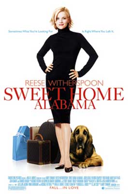 Sweet Home Alabama Movie Poster with person in fitting black dress and suitcases with brown dog