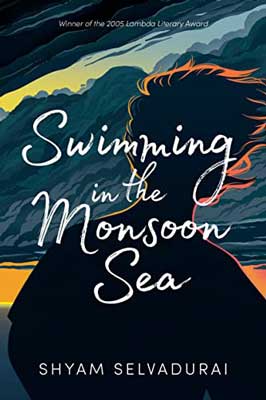 Swimming in the Monsoon Sea by Shyam Selvadurai book cover with illustrated shadowed person looking out at orange and blue cloudy sky