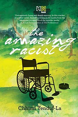 The Amazing Racist by Chhimi Tenduf-La book cover with illustrated image of a wheelchair on green landscape with trees