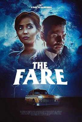 The Fare Movie Poster with two people at top over title and car with lights on at night underneath
