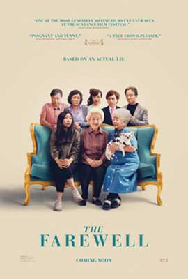 The Farewell Movie Poster with three people sitting on couch and two are older along with row of five people standing behind the couch
