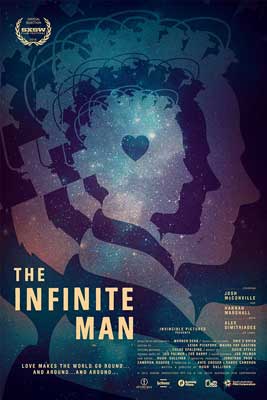The Infinite Man Movie Poster with silhouette of person within a person in blue and purple coloring
