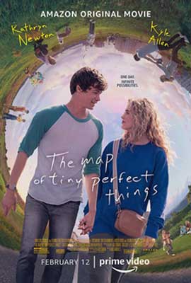 The Map of Tiny Perfect Things Movie Poster with white brunette male and blonde woman holding hands and looking at each other