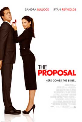 The Proposal Movie Poster with one person in a black dress fixing another person in black tux's tie