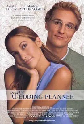 The Wedding Planner Movie Poster with person with long hair and blue dress resting chin on hand and person with curly blonde hair in green sweater with glasses