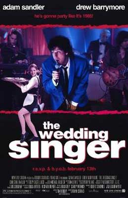 The Wedding Singer Movie Poster with person in blue suit singing and a waitress carrying a tray