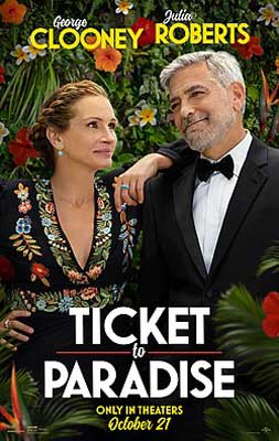 Ticket to Paradise Movie Poster with older person in dress with arm on older person in tux's shoulder