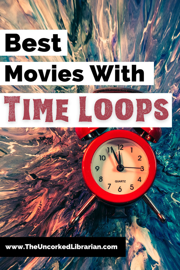 Time Loop Films Pinterest Pin with red alarm clock and blue purple and pink swirling background
