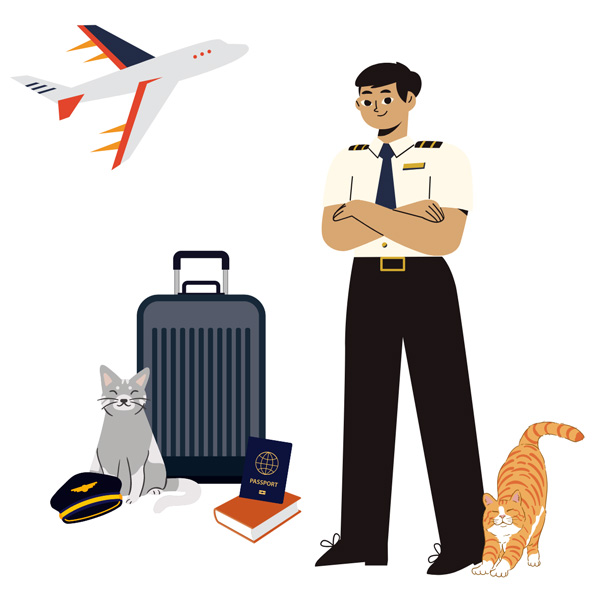 Tom Graphic with illustration of white brunette male in pilot outfit with gray and orange cat, luggage, pilot hat, orange book, and passport with plane in background