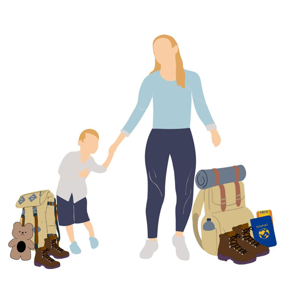 Tori Curran Graphic with illustrated white blonde woman holding young child's hand and both having backpacks and hiking boots