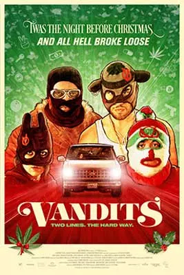 Vandits Movie Poster with image of three masked people and a car driving along red road with green sky
