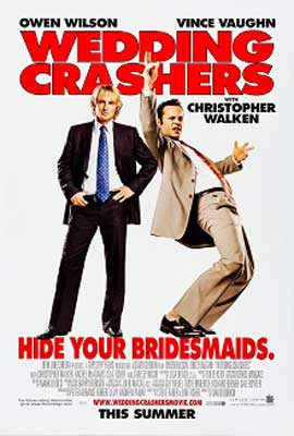 Wedding Crashers Movie Poster with two older white men, with one in tan suit and the other in black suit, where one looks more serious and the other has knees bent and arm in air