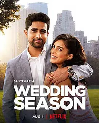Wedding Season Movie Poster with person in gray suit with arm around another person with cityscape in background