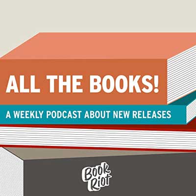 All The Books Podcast cover with stack of orange, turquoise, and red books with title on spine