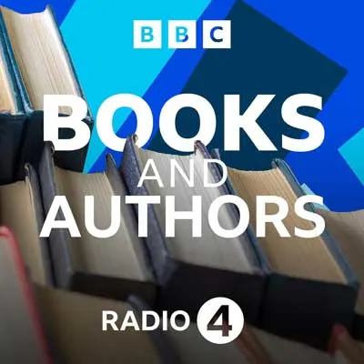 BBC Radio 4: Books And Authors podcast with image of books and blue, gray, and purple geometric like background