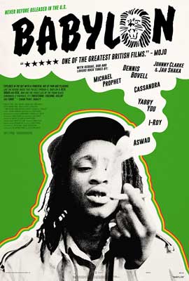 Babylon Movie Poster with black and white image of person with dreads and hat smoking on bright green background