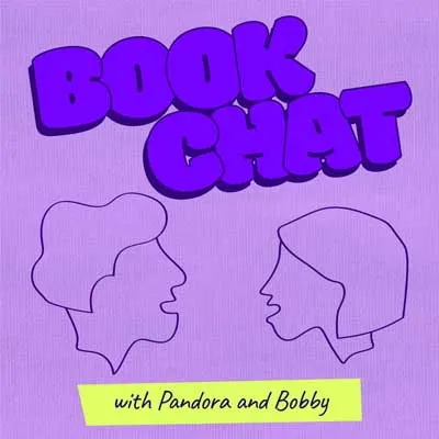 Book Chat with Pandora and Bobby podcast cover with outline of two heads facing each other talking on purple background
