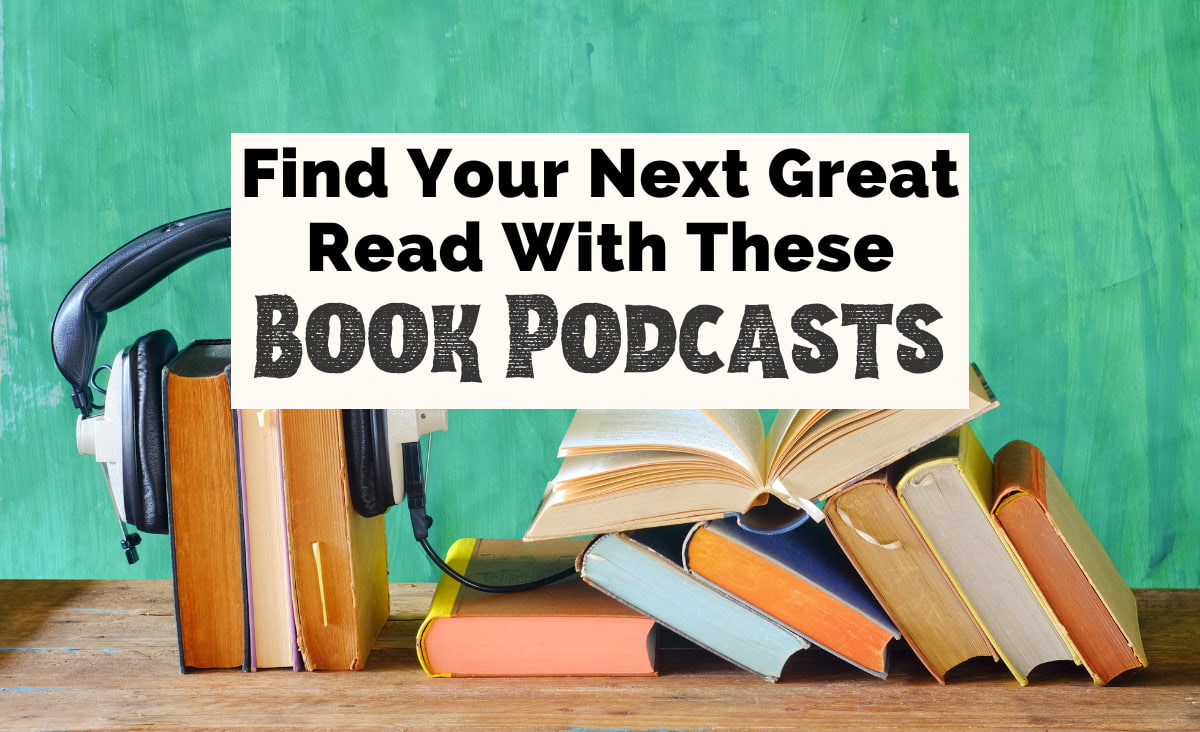 Find your next great read with these Book Podcasts featured image with green background and stack of books laying in different ways with headphones on three of them