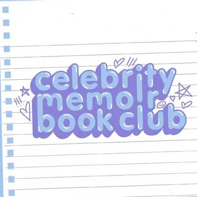 Celebrity Memoir Book Club podcast with title sketched in bubble letters with blue coloring and purple outline on notebook paper