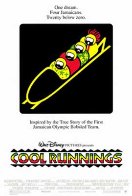 Cool Runnings Movie Poster with illustrated people in red, green, and yellow in bobsled