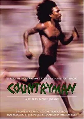 Countryman Movie Poster with Black person in shorts and no shirt running with background blurry