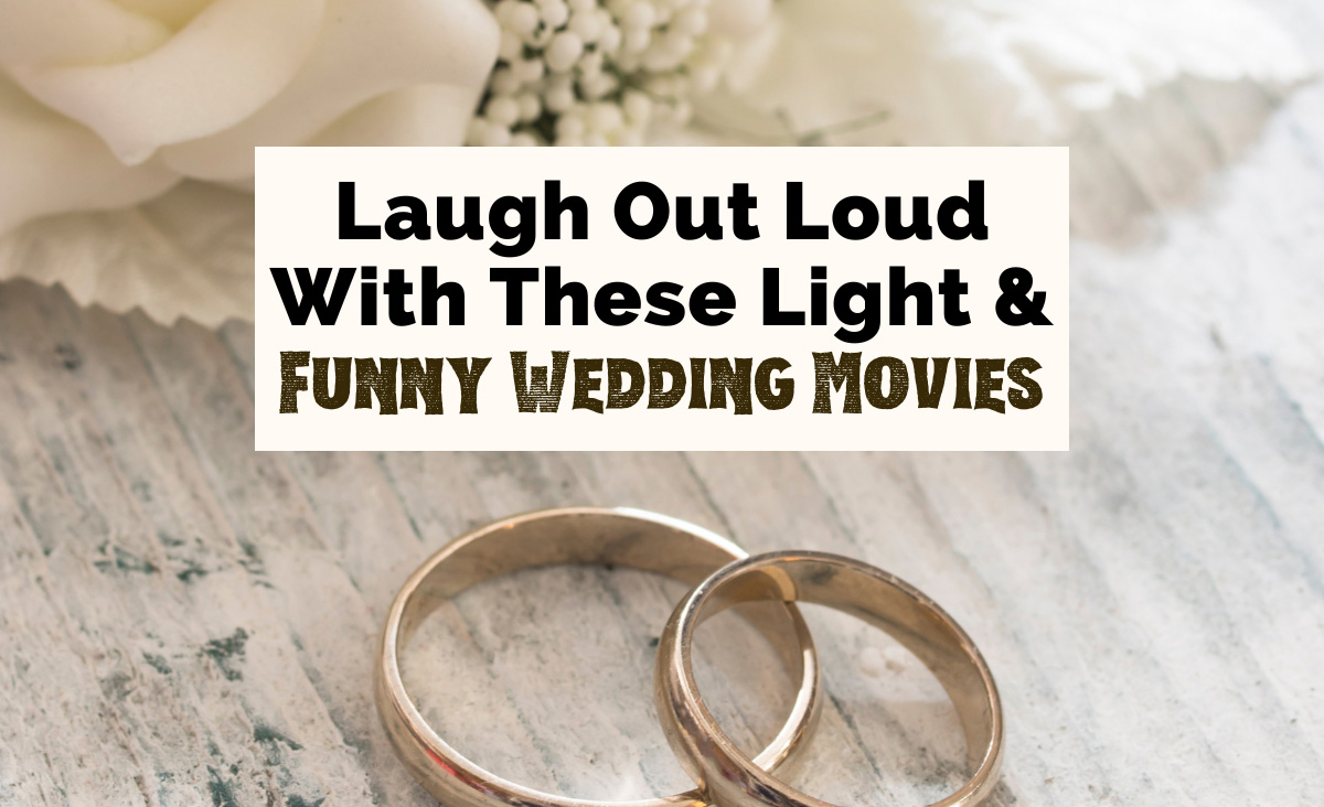 Laugh out loud with these light and Funny Wedding Movies featured image with two wedding rings and white flowers on white-gray background