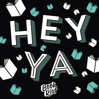 Hey YA Podcast cover with thick title lettering in white and green and white illustrated books scattered all over