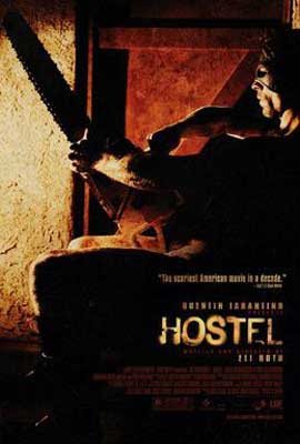 Hostel Movie Poster with person in shadows holding out a chainsaw as a weapon